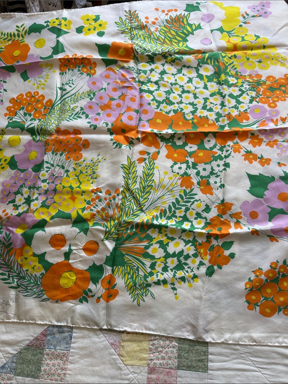 F—Floral silk scarf - White with Orange, Green & Purple - Picture 8 of 8